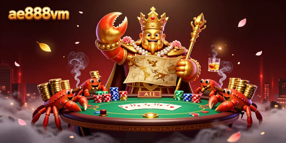 Engage with ae888vm's vibrant casino scene showcasing a golden crab emperor amid dramatic poker elements.