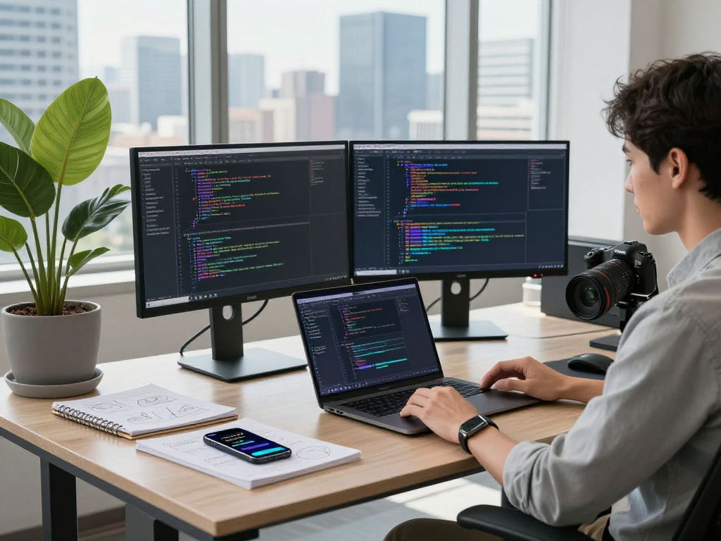 Professional software developer at net88.se.net workspace with coding monitors and urban views.