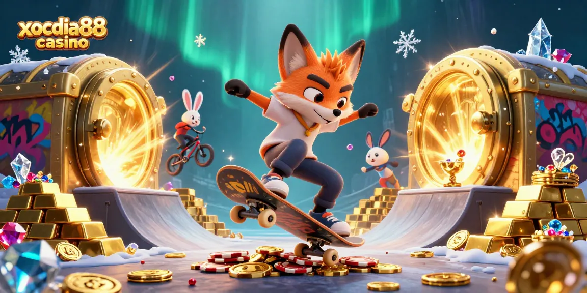 Experience the thrill of xocdia88 casino with playful fox and rabbit characters in a vibrant gaming scene.