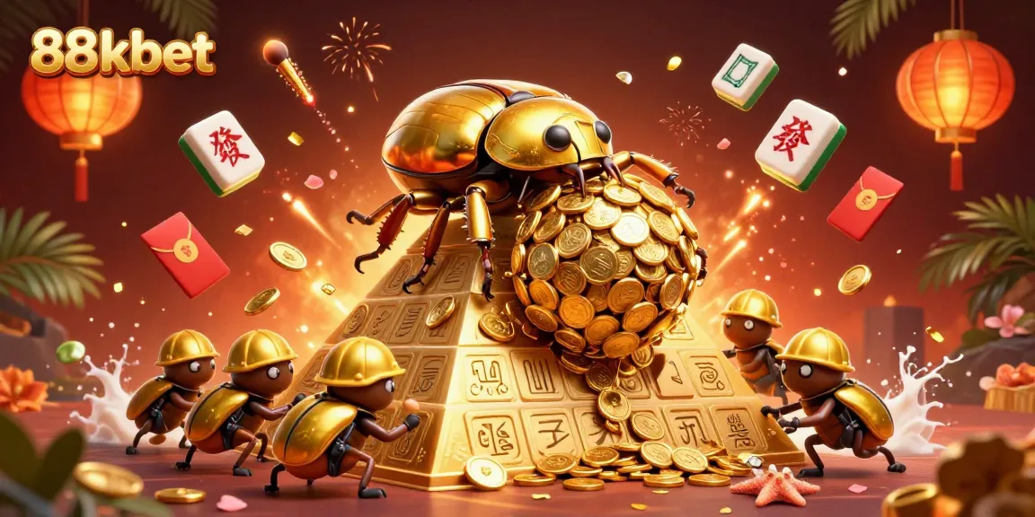 Engage with 88kbet's vibrant gaming universe, featuring a gold beetle rolling coins up a pyramid of fortune.