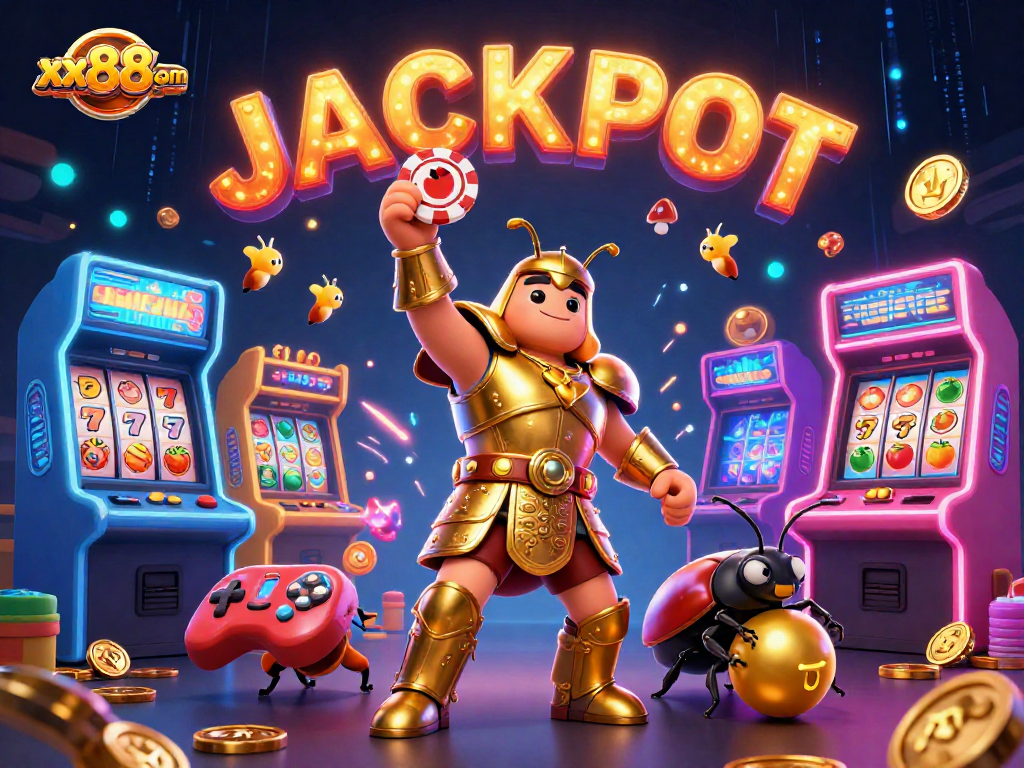 Engage in thrilling gameplay with xx88com's vibrant digital casino scene featuring an armored beetle champion.