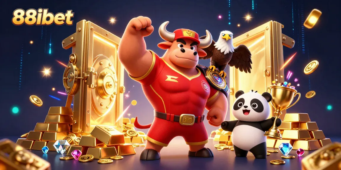 Experience thrilling action at 88ibet with a cartoon bull, eagle, and panda surrounded by gold and gems.