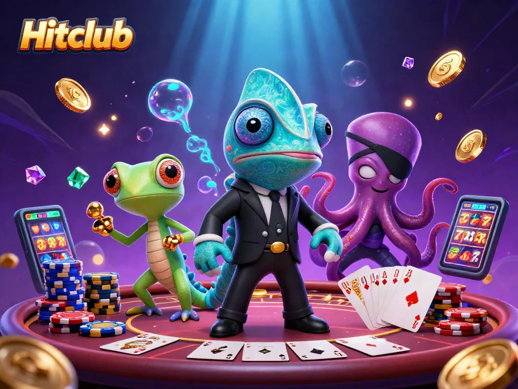 Hitclub players spin poker tables while winning chips in a vibrant casino setting.