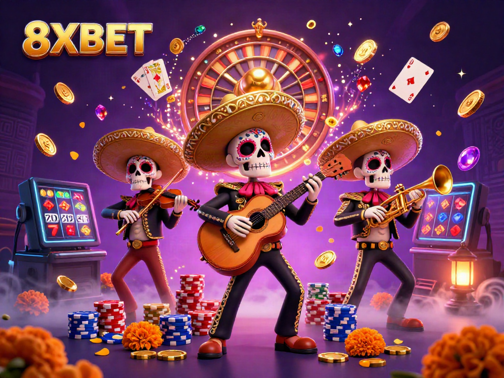 Experience the excitement of 8XBET with a lively Dia de los Muertos mariachi band amidst falling coins and vibrant game elements.