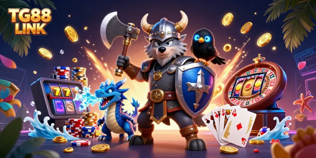 Win big with TG88 LINK in this vibrant illustration featuring a Viking warrior, dragon, and casino elements.