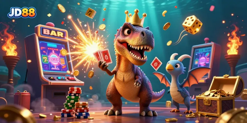 JD88 brings a vibrant casino scene with a T-Rex shuffling cards and a treasure-filled slot machine.
