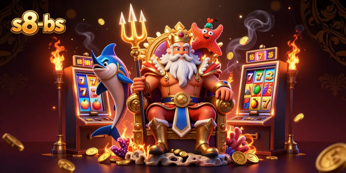 Engaging scene depicting s8-bs with Neptune, slot machines, and vibrant casino elements.