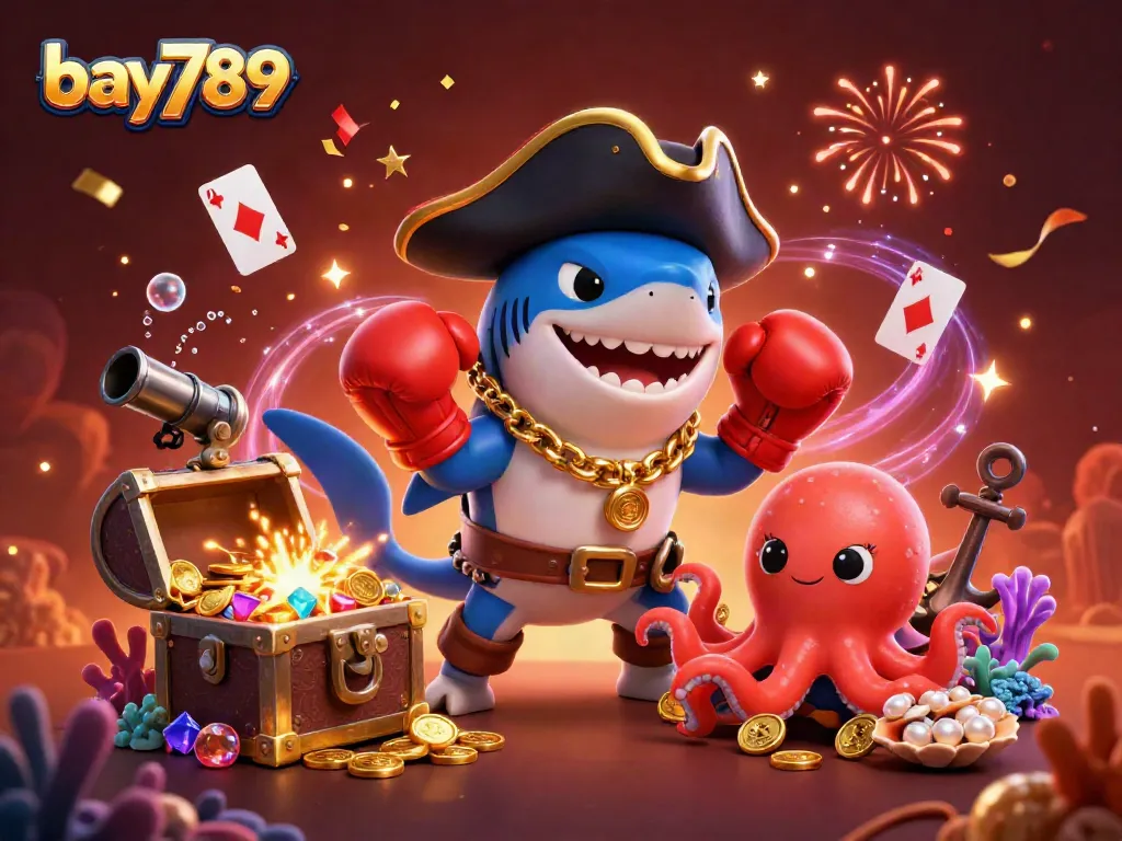 Engage in thrilling adventures at bay789 with a pirate shark, boxing pufferfish, and treasure-laden octopus.