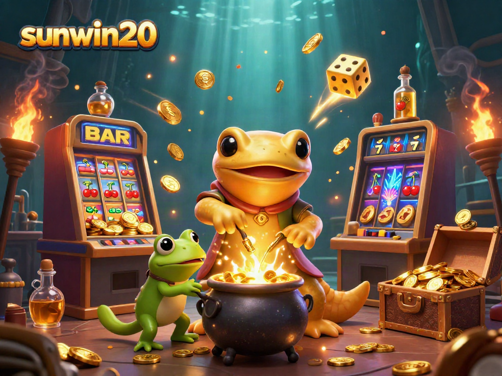 Experience the excitement of sunwin20 with a magical illustration of a cartoon alchemist and golden gaming elements.
