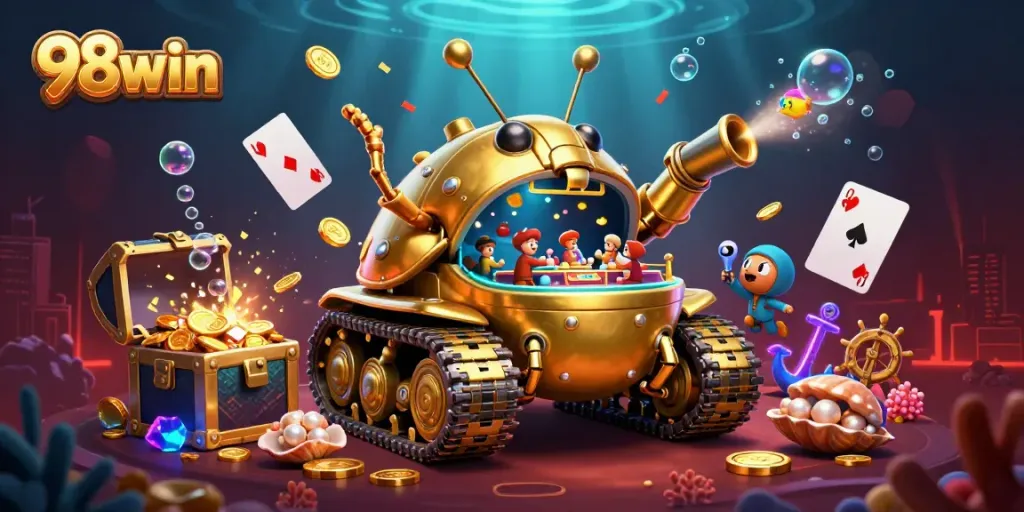 Experience the vibrant 98win casino scene with a unique golden beetle tank and underwater treasures.