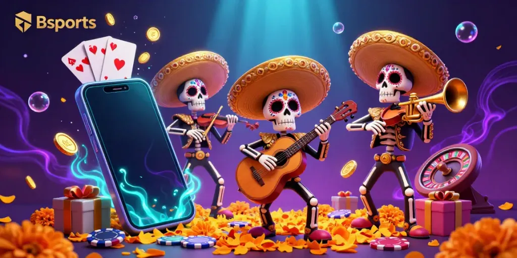 Experience the vibrant gaming world of Bsports with a 3D mariachi band and dynamic gaming elements.