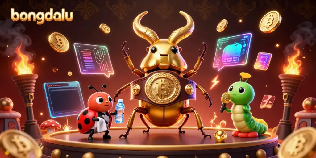 Experience thrilling betting action with bongdalu's vibrant illustration showcasing iconic characters and cryptocurrency elements.