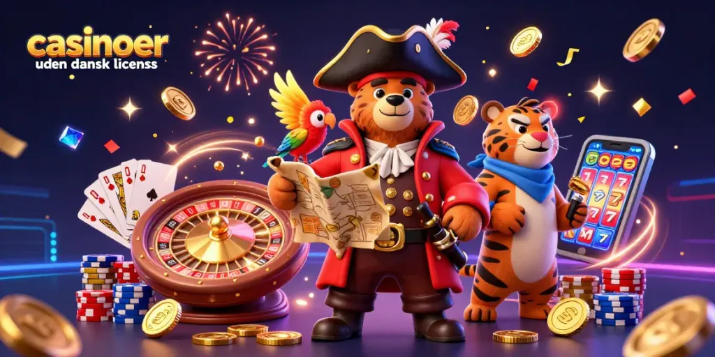 Cascade of gems and coins around pirate bear captain in a vibrant scene for casinoer uden dansk licens