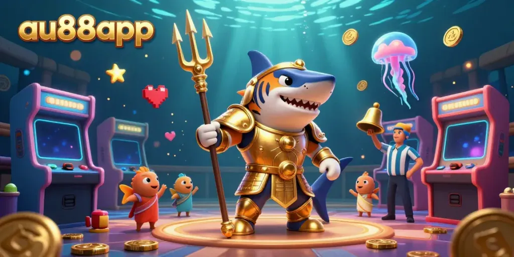 Experience thrilling casino adventures with au88app, featuring a tiger shark in gladiator armor and gaming machines.