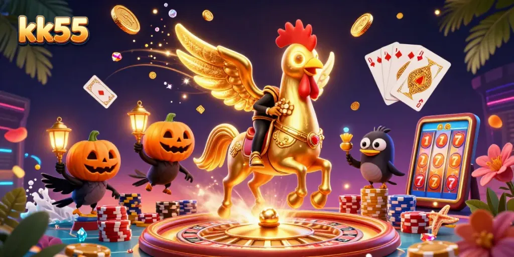 Engage in thrilling slots at kk55, featuring golden rooster characters and vibrant casino elements.