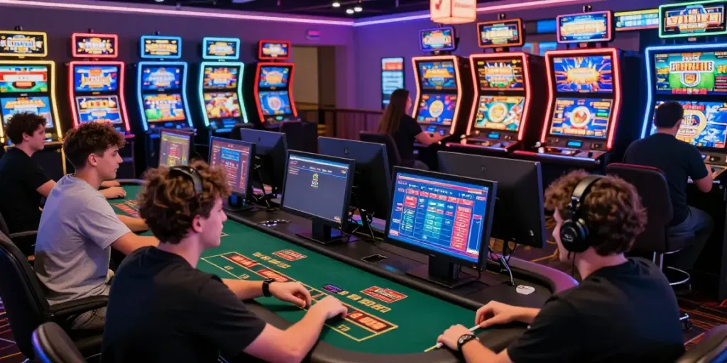 Exciting gaming experience at https://net88.broker/ with players enjoying slot machines and live casino games.