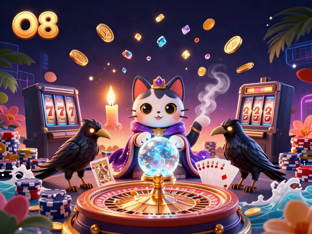 Experience the mystique of O8 casino with a mesmerizing scene of fortune tellers and vibrant casino elements.