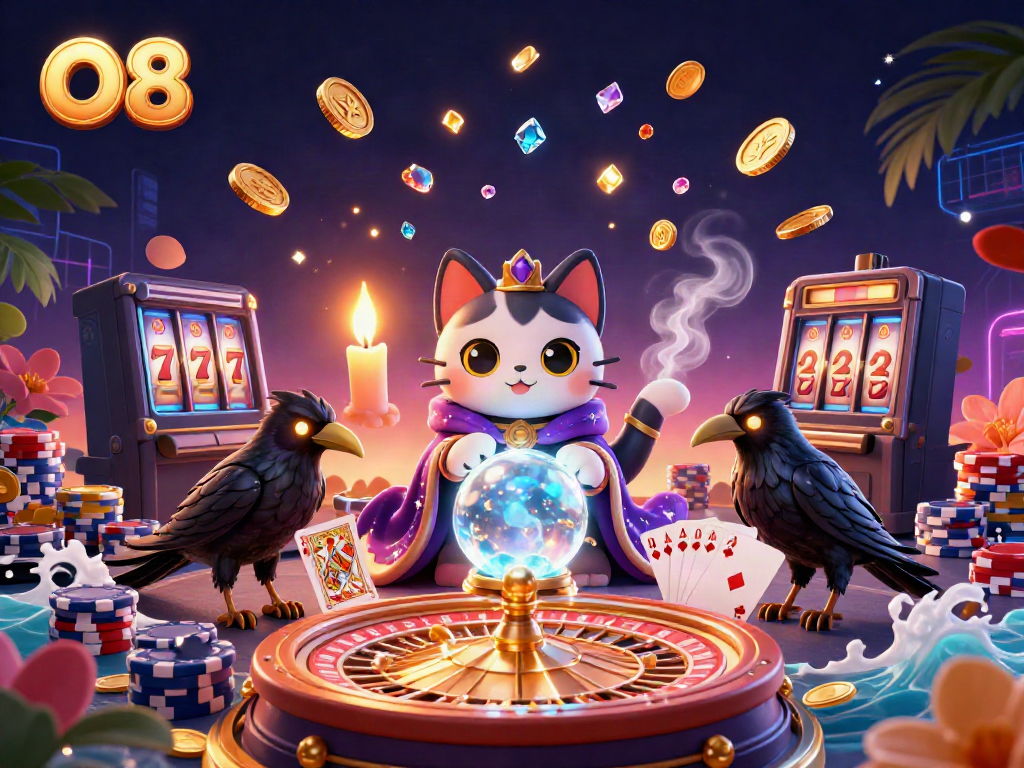 Experience the mystique of O8 casino with a mesmerizing scene of fortune tellers and vibrant casino elements.