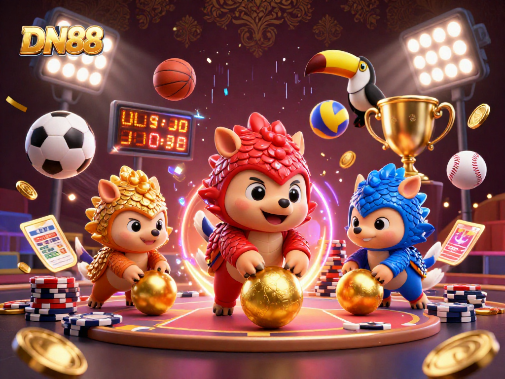 Engage in thrilling gaming action with DN88 as rival pangolins clash in a vibrant casino scene.