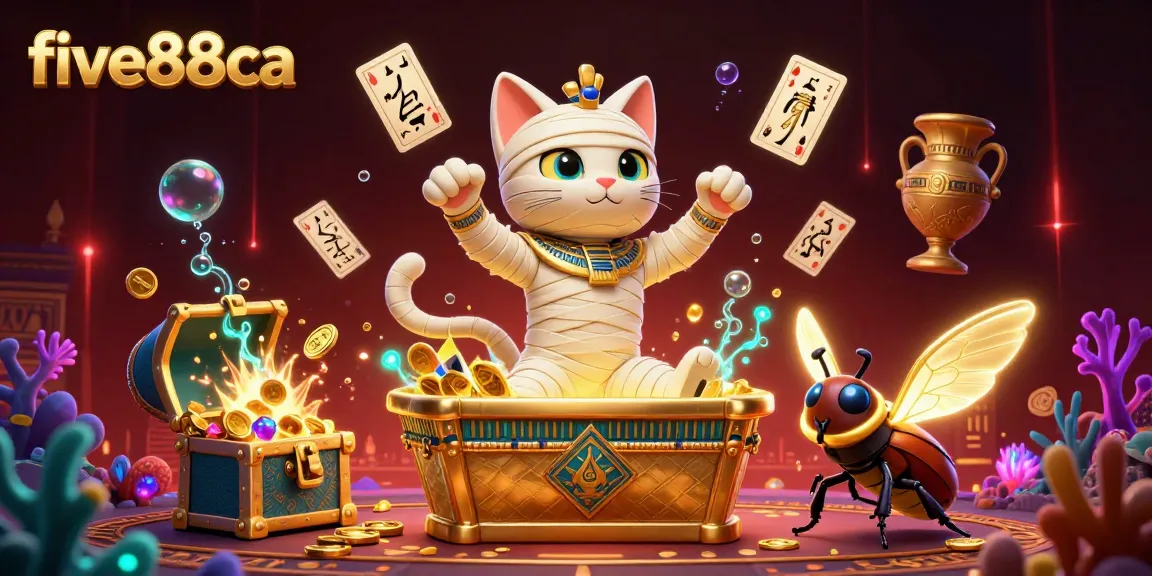 Engage in immersive fun at five88ca as a dramatic mummy cat springs from a casino sarcophagus.
