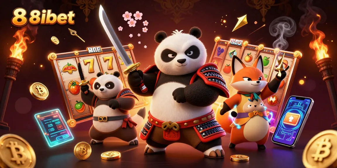 Engage in thrilling slots with 88ibet, featuring vibrant samurai panda and ninja fox amidst dynamic casino elements.
