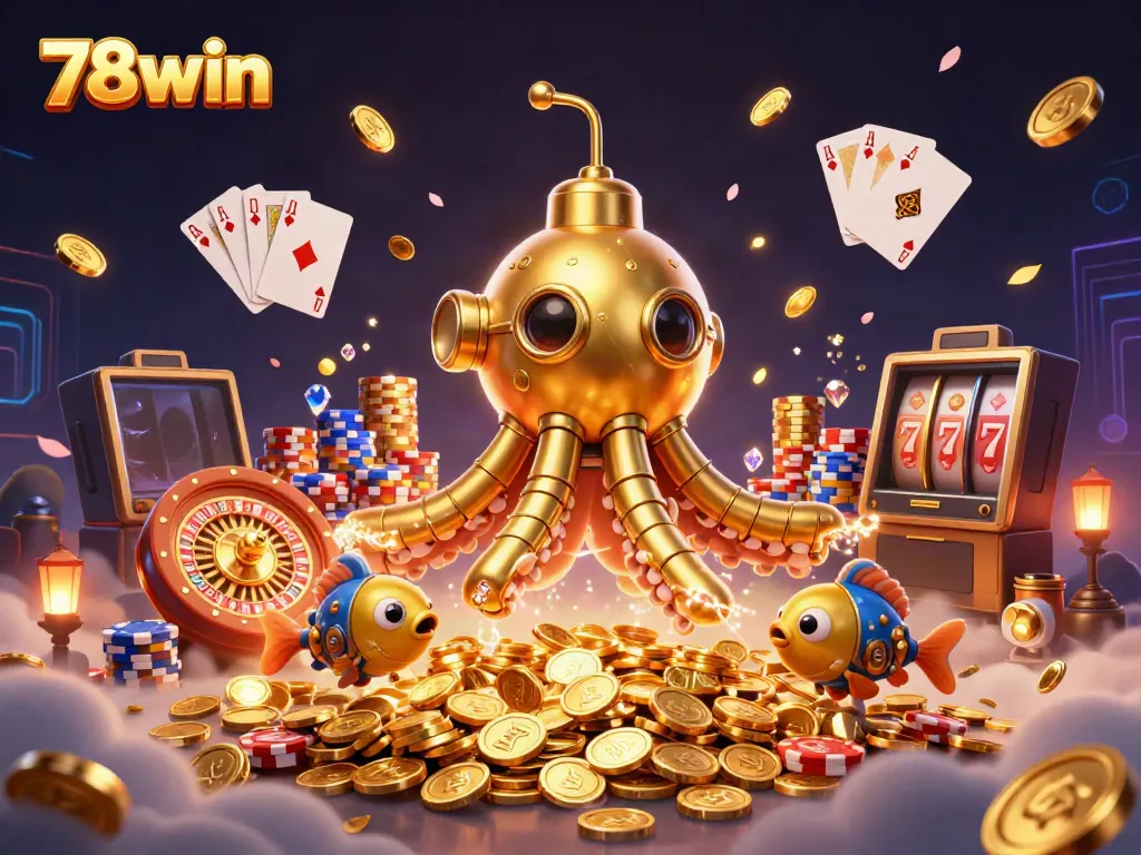 Experience thrilling wins at 78win with a golden kraken submarine, coins, and a vibrant casino atmosphere.