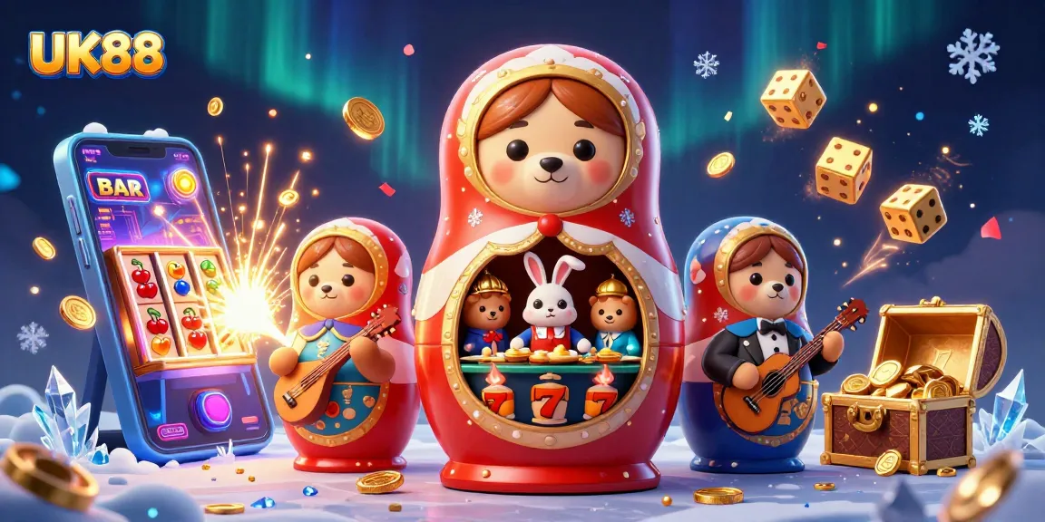 Experience the excitement of UK88 with a vibrant 3D casino scene filled with festive characters and winning symbols.
