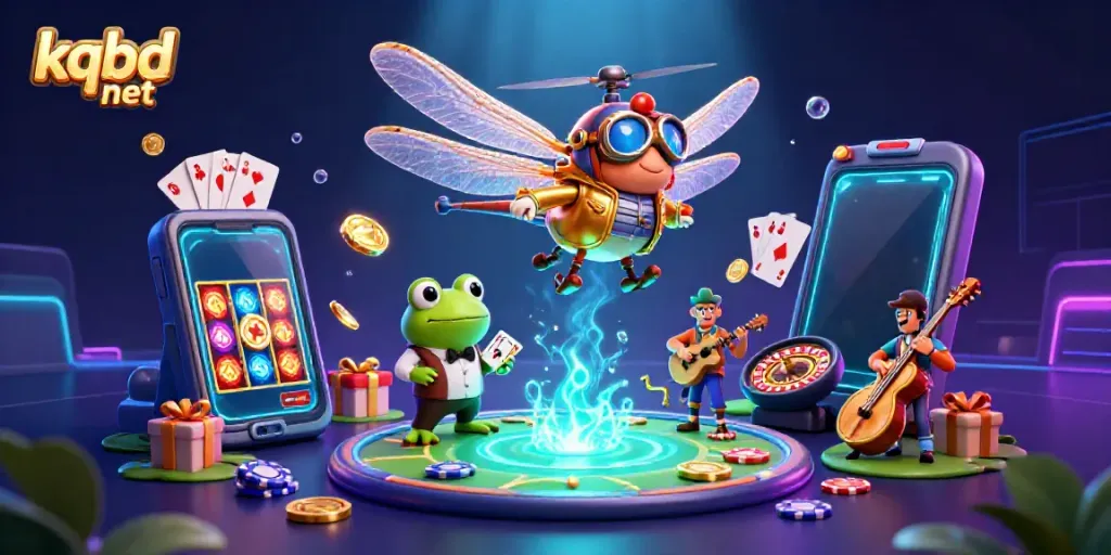 Engage in thrilling games with kqbd net, featuring a dynamic 3D scene of a dragonfly pilot and a frog croupier.