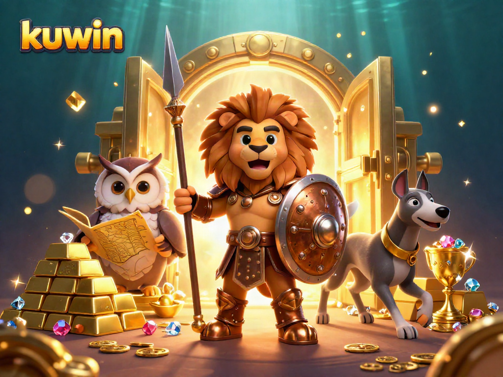 Kuwin enhances casino excitement with a dynamic scene featuring treasure, gaming elements, and charming characters.