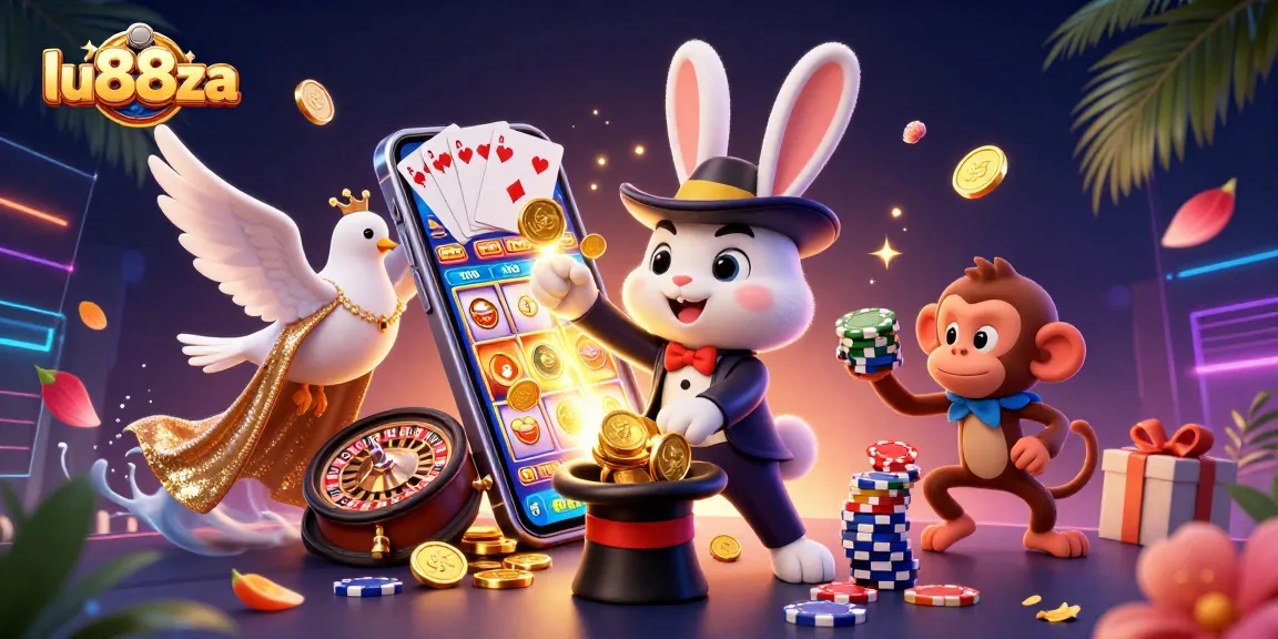 Engage in exciting gameplay at lu88za with a colorful 3D casino scene filled with golden coins and poker chips.