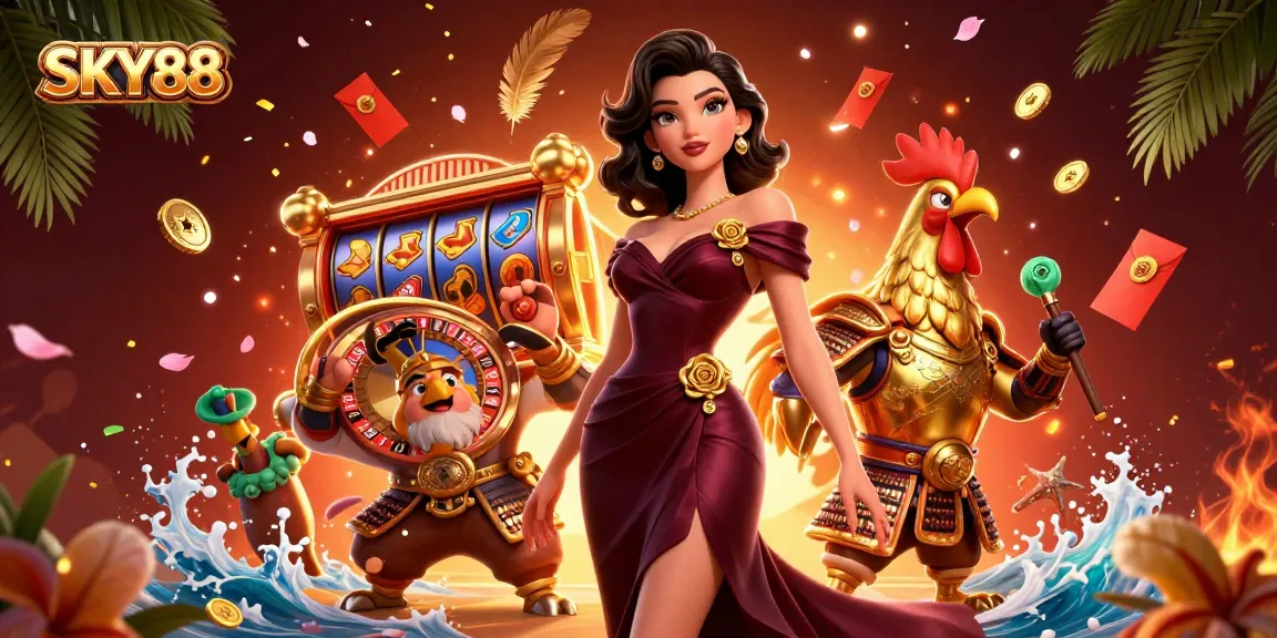 Experience thrilling gameplay at SKY88 with dazzling slot reels and vibrant casino elements.