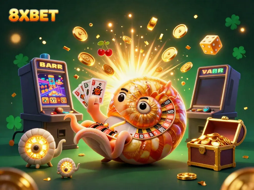 Engage with 8XBET's vibrant casino universe featuring a dynamic nautilus roulette wheel and jackpot elements.