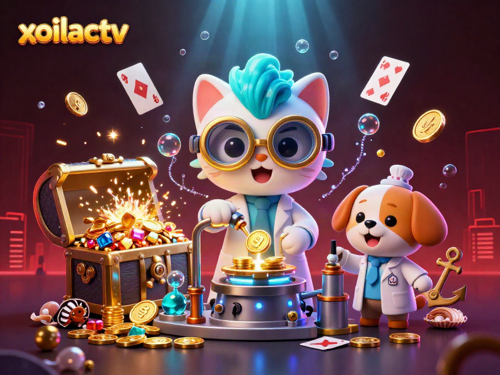 Xoilactv captures wild gambling energy with dynamic 3D cartoon scene of a mad scientist cat creating gold coins.