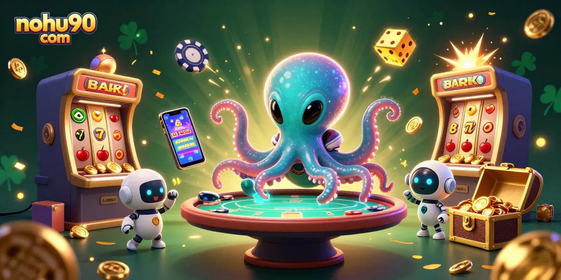 Engage in thrilling gameplay with nohu90 com as a 3D alien octopus commands a vibrant poker scene.