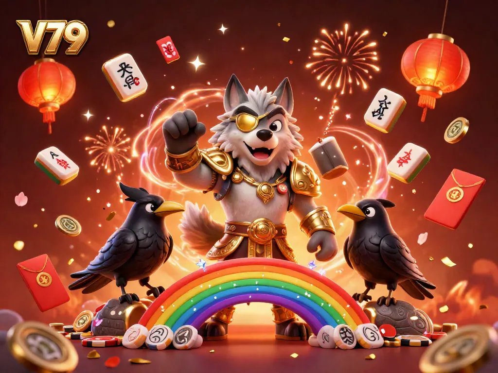 Experience V79's vibrant casino adventure with Odin and his ravens amidst colorful gambling elements.