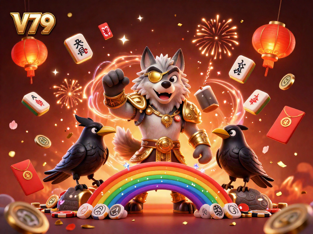 Experience V79's vibrant casino adventure with Odin and his ravens amidst colorful gambling elements.
