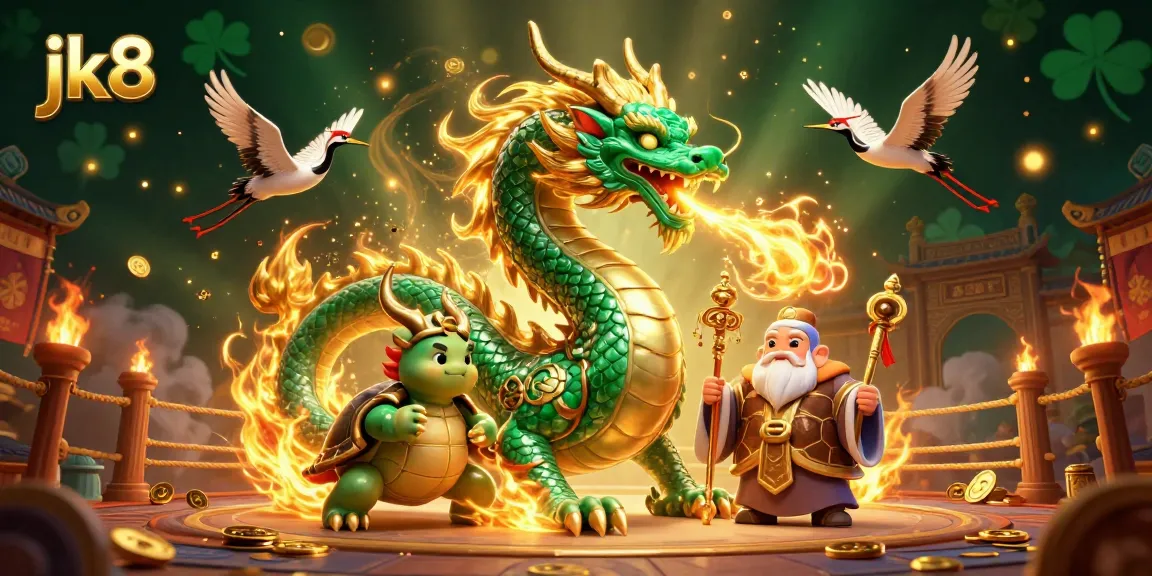 Feel the thrill at jk8 with a jade dragon, turtle sage, and lucky cranes in an energetic casino scene.