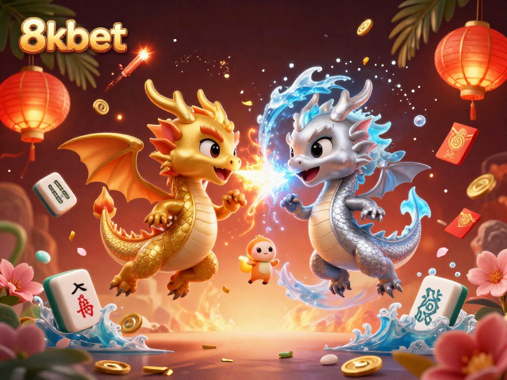 Experience thrilling gameplay at 8kbet with vibrant dragons and festive casino elements.