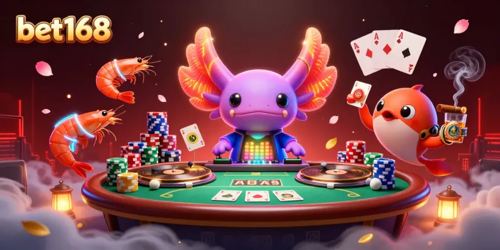 Experience vibrant bet168 gaming action with playful characters and rich casino elements.