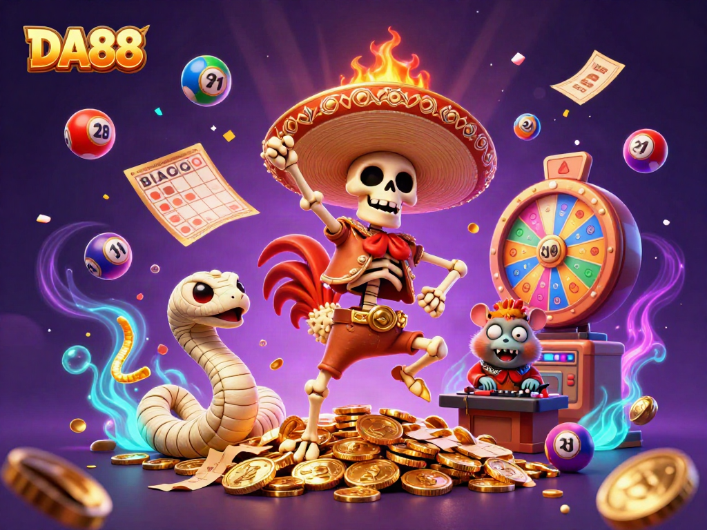 DA88 themed 3D casino illustration depicting a vibrant and festive scene of characters and game elements.