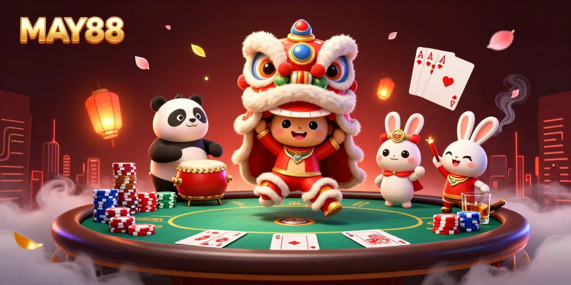 Engage in thrilling MAY88 gaming with a vibrant lion dance and poker elements