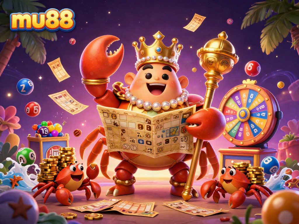 Experience the excitement of mu88 with vibrant casino elements featuring a golden crab emperor and colorful lottery action.