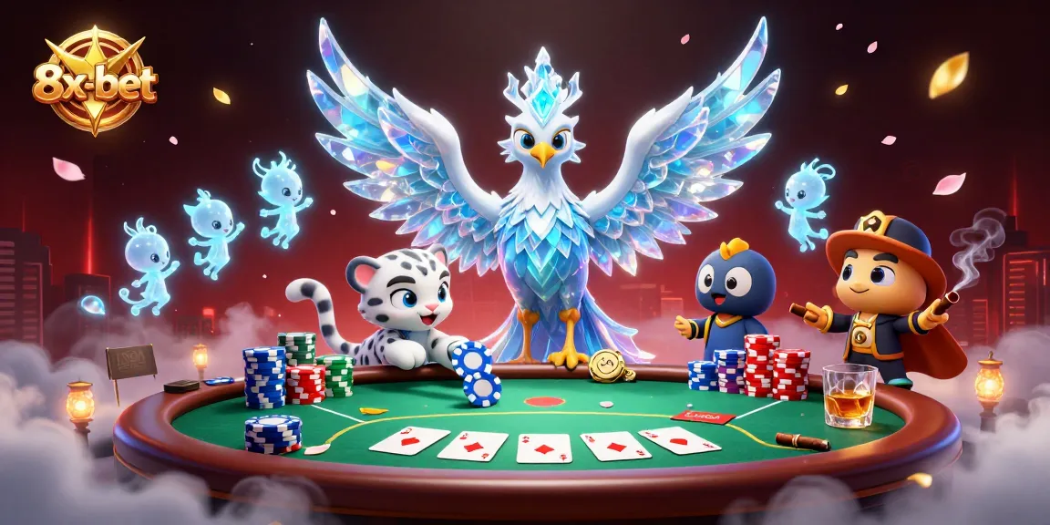 Play poker at 8x-bet with engaging 3D characters and vibrant casino elements.