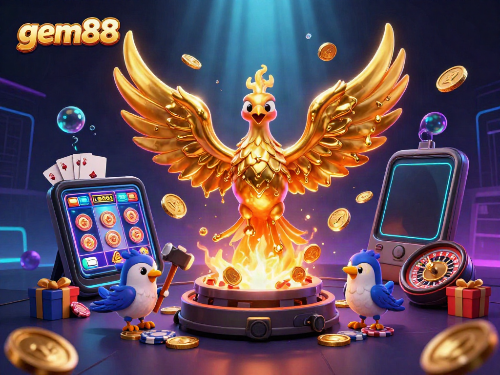 Experience thrilling gameplay with gem88, featuring a golden phoenix and dynamic casino elements.