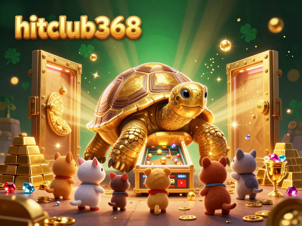 Experience the excitement of hitclub368 with a vibrant scene showcasing a golden tortoise pinball game surrounded by a treasure of gems and gold.