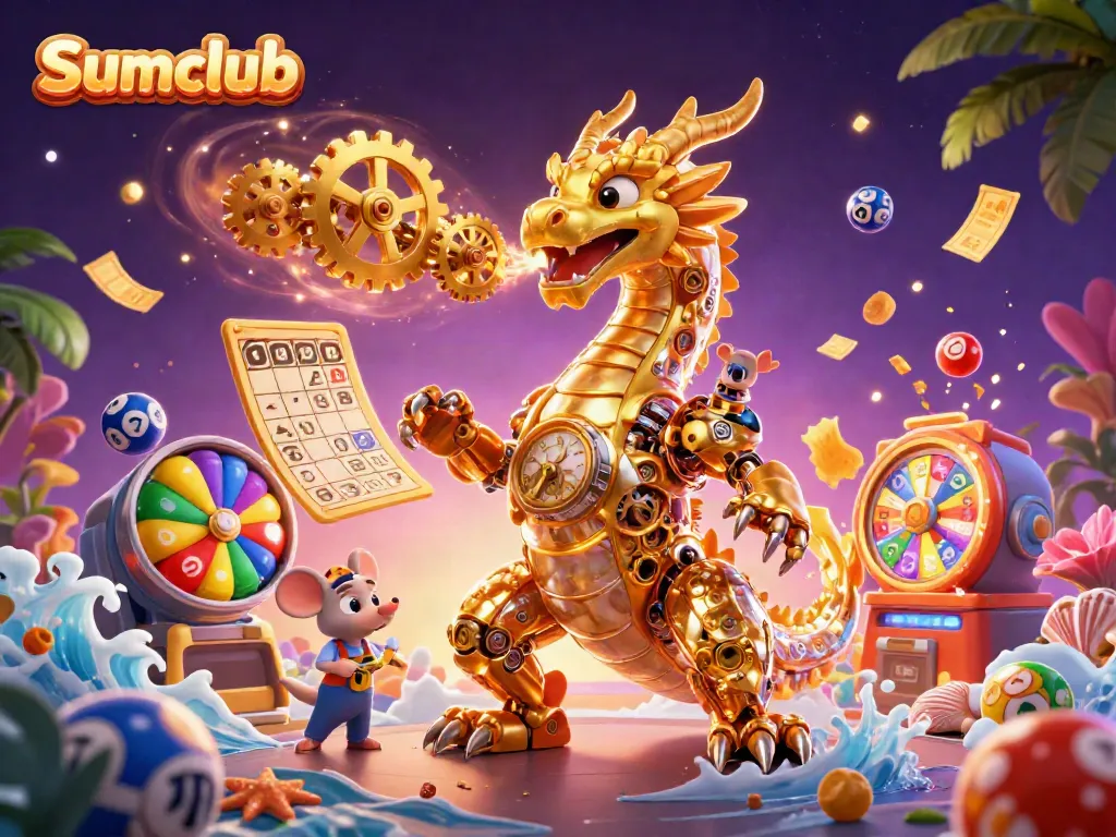 Engaging Sumclub scene featuring a biomechanical dragon surrounded by vibrant lottery elements.