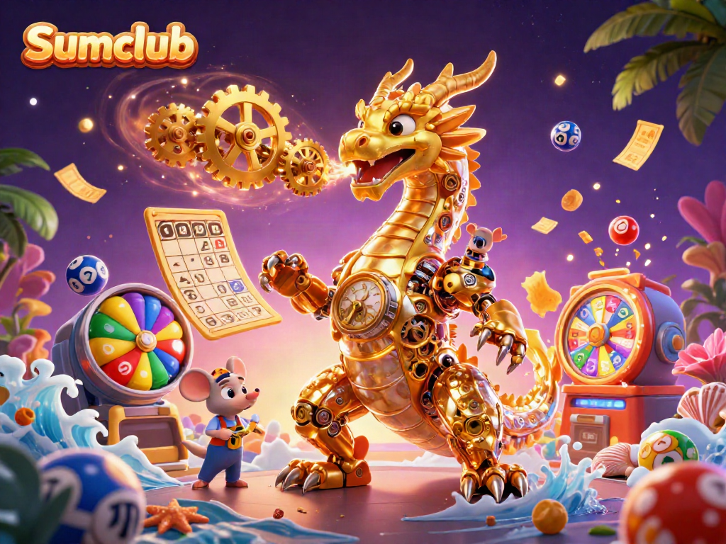 Engaging Sumclub scene featuring a biomechanical dragon surrounded by vibrant lottery elements.