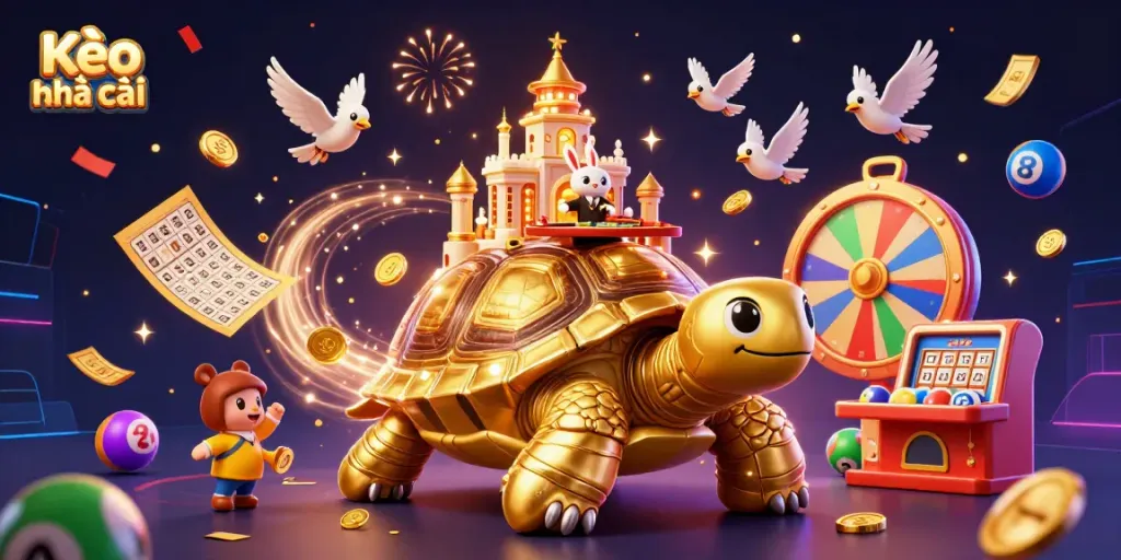 Experience Kèo nhà cái with a lively 3D scene filled with dynamic lottery elements and playful characters.