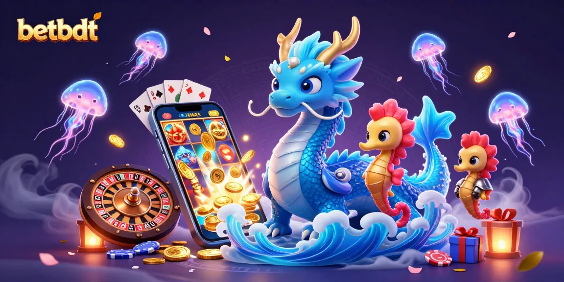 Engage in thrilling games at betbdt with a vibrant scene featuring a water dragon, slot games, and neon jellyfish.