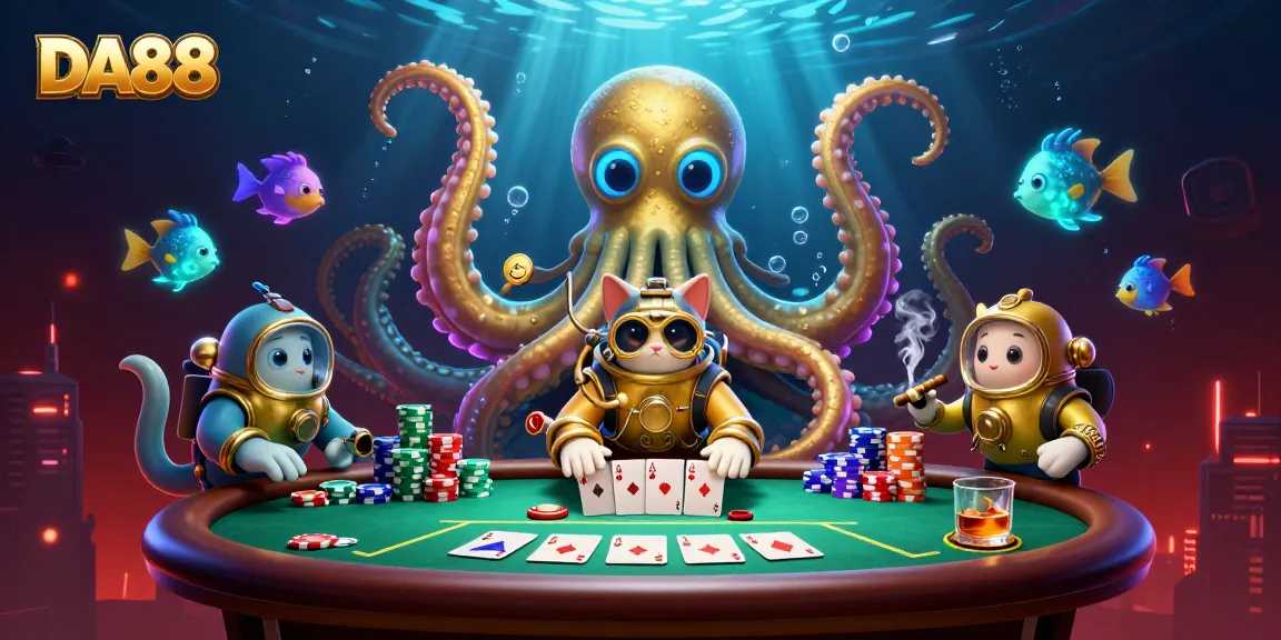 Join the thrill of poker with DA88 in this vibrant, rich 3D underwater casino scene.